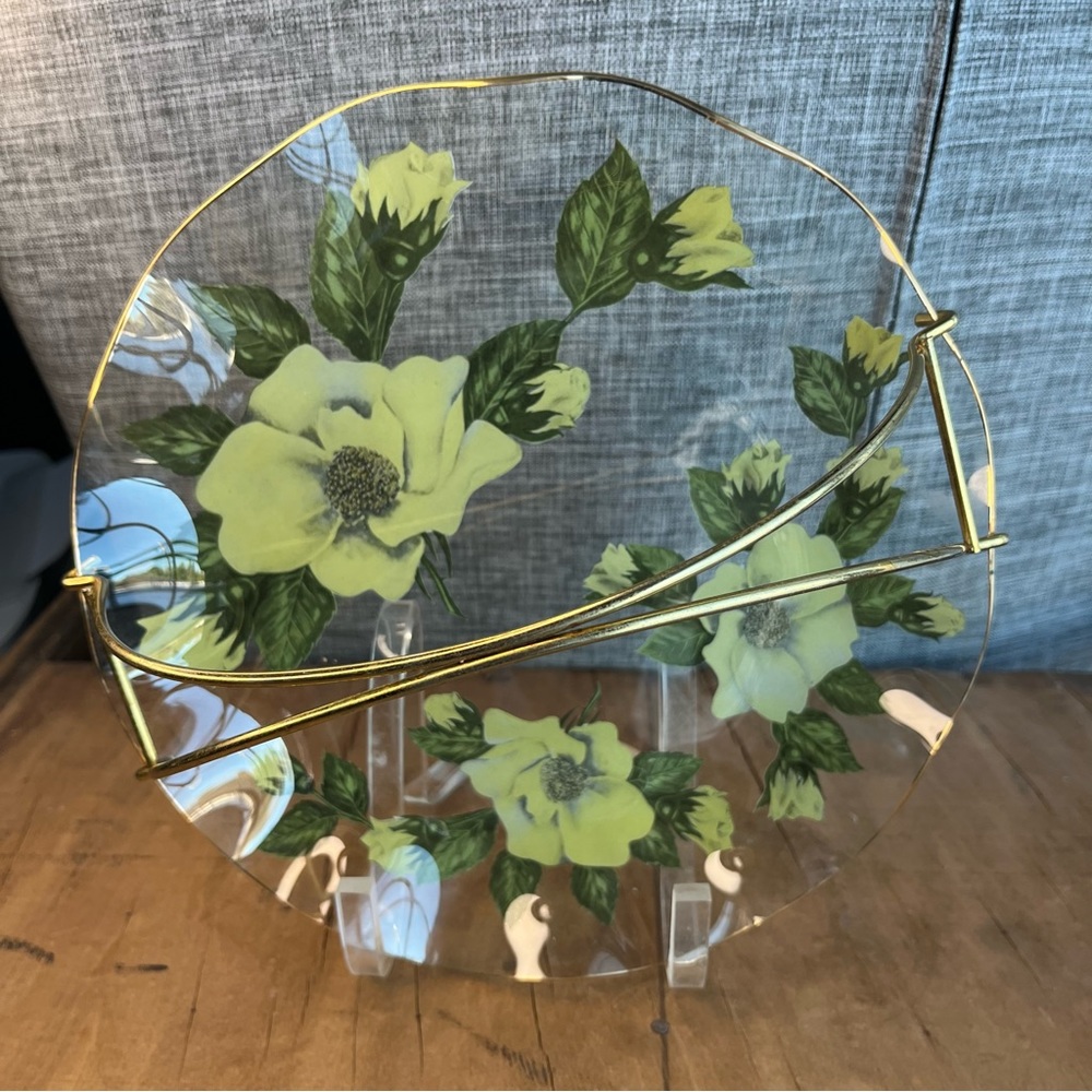 Vintage Yellow Rose Glass Tray with Gold Trim